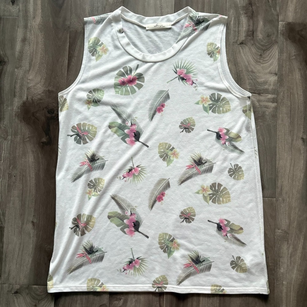 Gaze Tropical Tank Top M Womens White Pink Leaf Sleeveless‎ Blouse Made USA